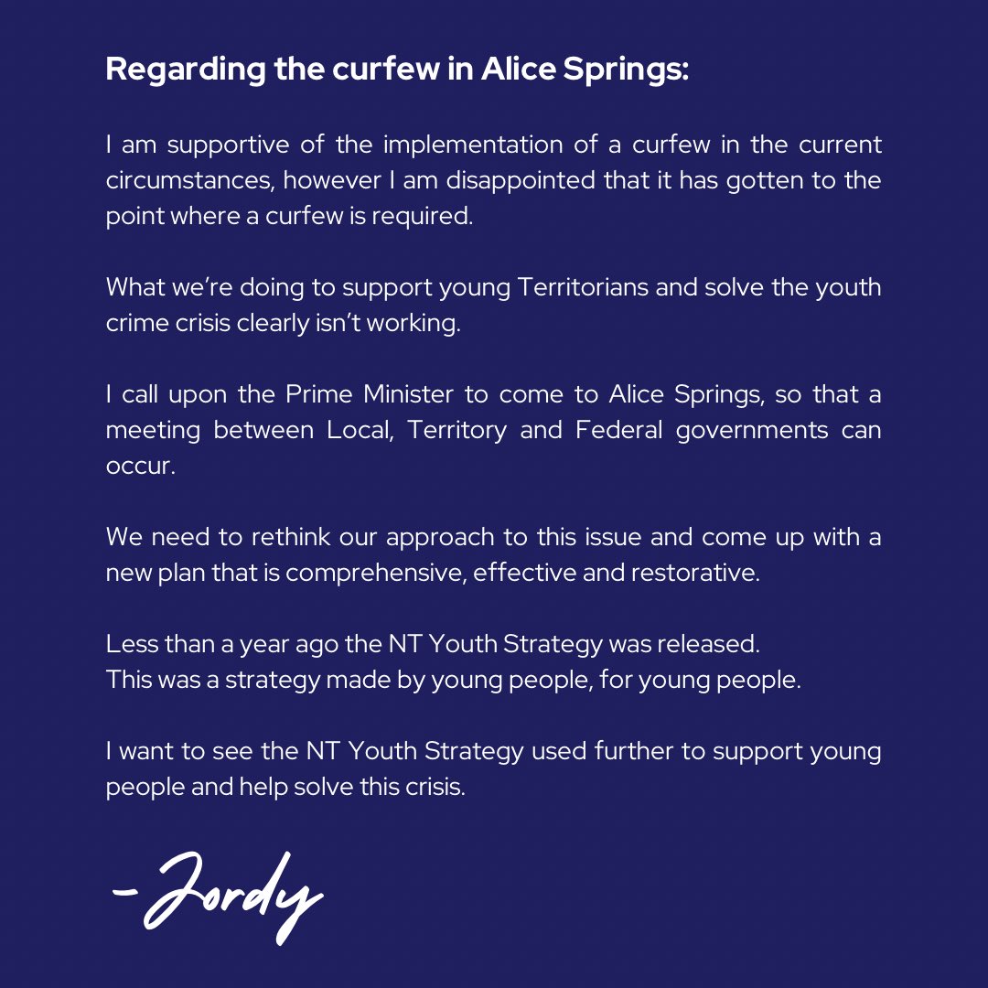 A statement from me regarding the youth crime crisis in Alice Springs.

#northernterritory #alicesprings #alicespringscurfew #youthcurfew #youthcrime #ntpol #auspol #auspolitics