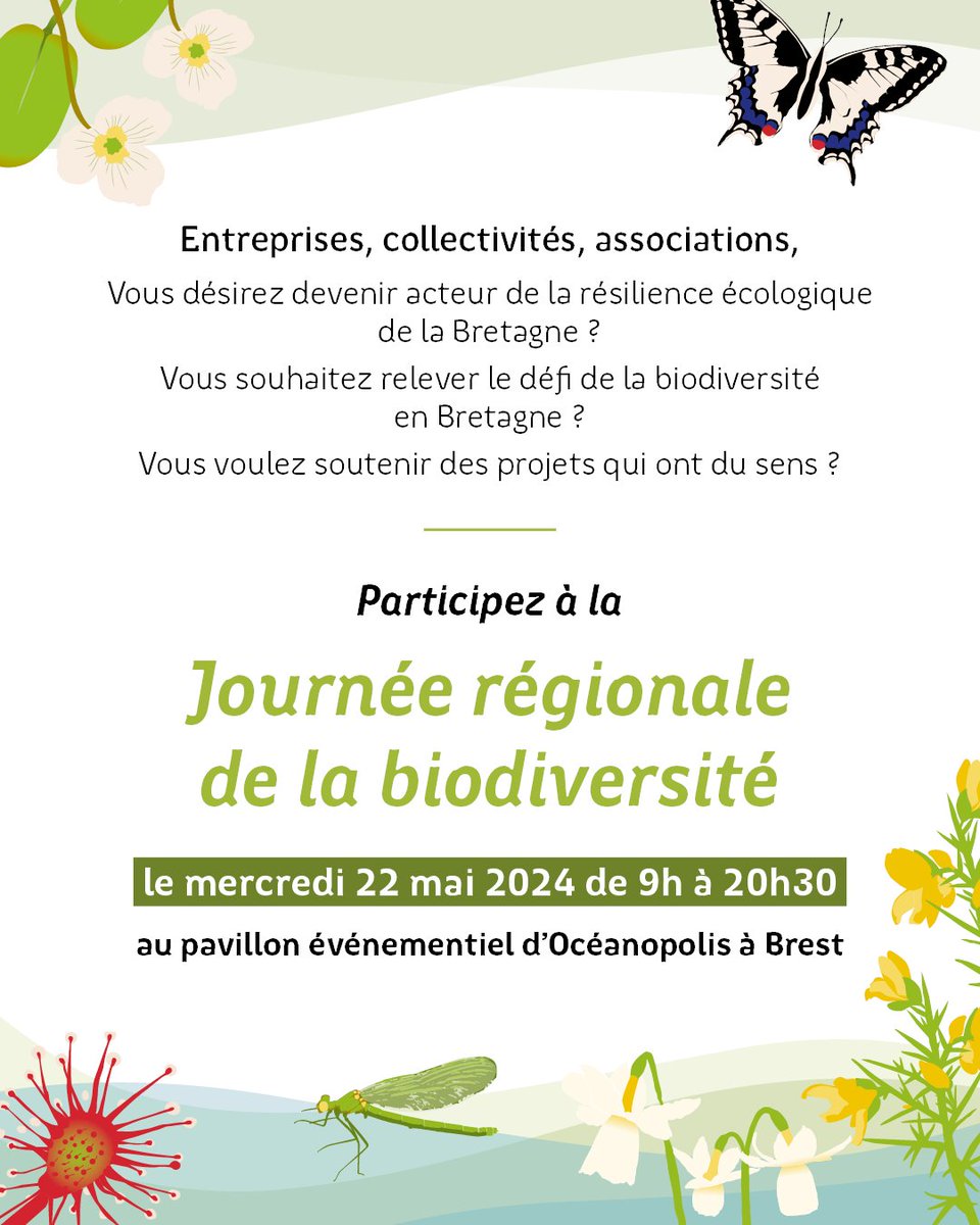 🌿 1 mois avant la journée de la biodiversité Breizh Biodiv ! #biodiversitéBZH Rendez-vous le 22 mai à #Brest pour un événement sur la transition écologique de la #Bretagne. 🗓 Inscrivez-vous ici : lyyti.fi/reg/Journee_Re…