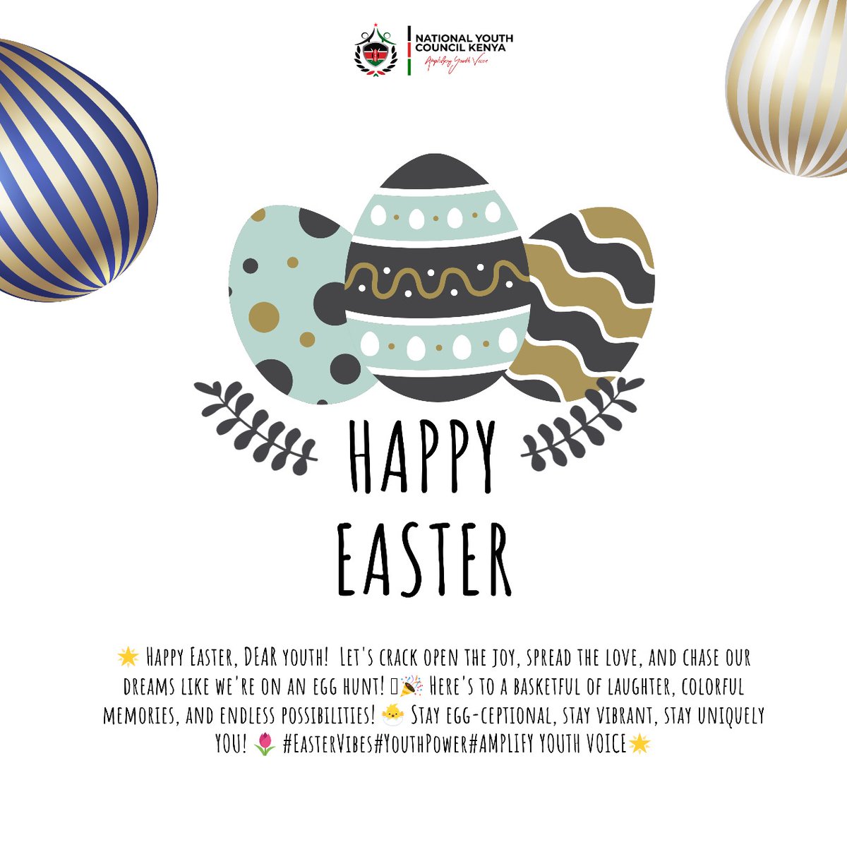Wishing you blessings, happiness, good health, prosperity, peace, and fulfillment this Easter season.

Happy Easter from the National Youth Council! 

#easter2024 
#EasterWeekend