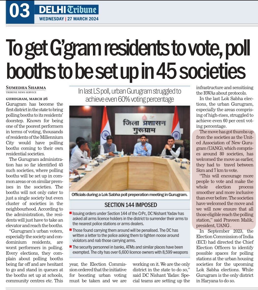 After analysing all the factors & strengthen the Societies by enhancing their contribution in #Constitutional_democratic arrangement of our country we took this initiative in 2022 to have polling booths in Societies & with #intellectual approach we got the success. @DC_Gurugram