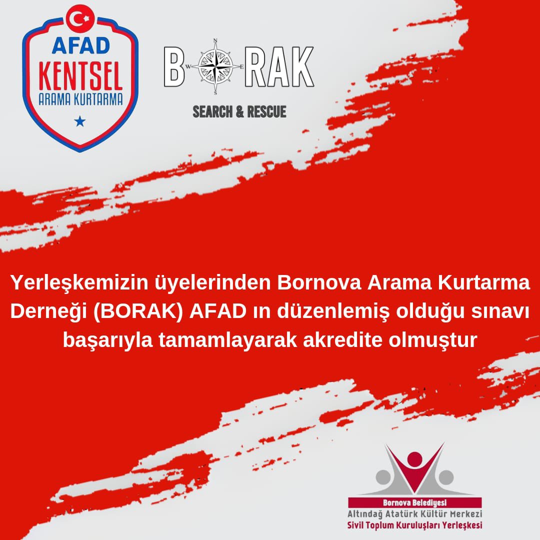 Bornova STK Yerleşkemizin üyesi ( BORAK) Bornova Arama Kurtarma Derneği (AFAD) 'ın düzenlemiş olduğunu sınavı başarıyla tamamlayarak 'HAFİF DÜZEYDE' Arama Kurtarma Ekibi olarak akredite olmuştur. Tüm BORAK gönüllülerini tebrik eder, başarilar dileriz. 
BORNOVA STK YERLEŞKESİ