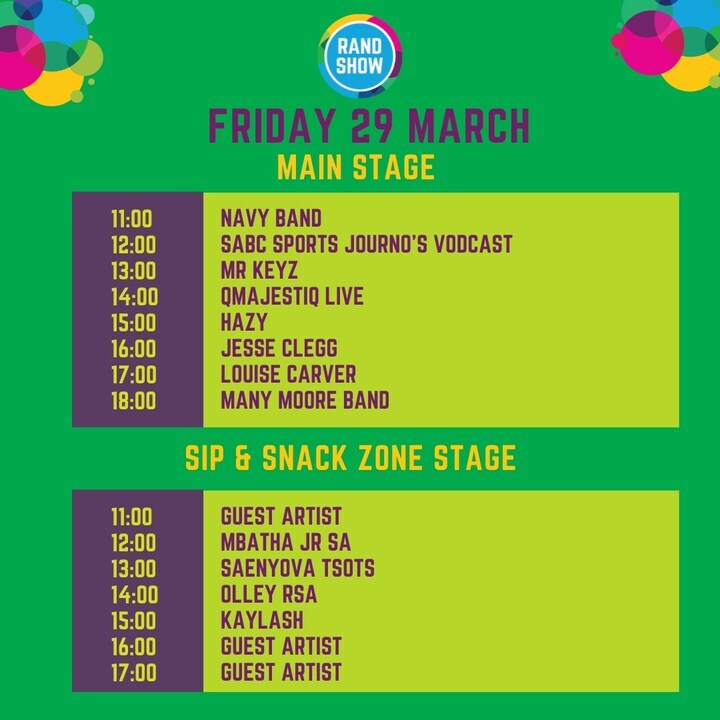 Don’t miss out on these live performances, included in the price of your ticket!

How do I get my tickets?

At the entrance gates at The Rand Show - 28 March to 01 April. 

Online at TicketPro -  rb.gy/2cwcv0 

At any physical TicketPro outlet eg: At Spar PayZone.