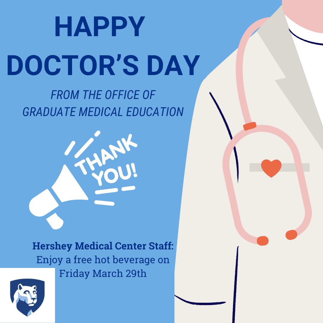 Happy National Doctor's Day 🩺 THANK YOU to all of our doctors @pennsthershey 💙⁠ ⁠ National Doctor's Day has been celebrated on March 30 since 1933. ⁠ Employees at the HMC campus on Friday, March 29, may stop in any of the cafés and enjoy a free hot drink in celebration.⁠