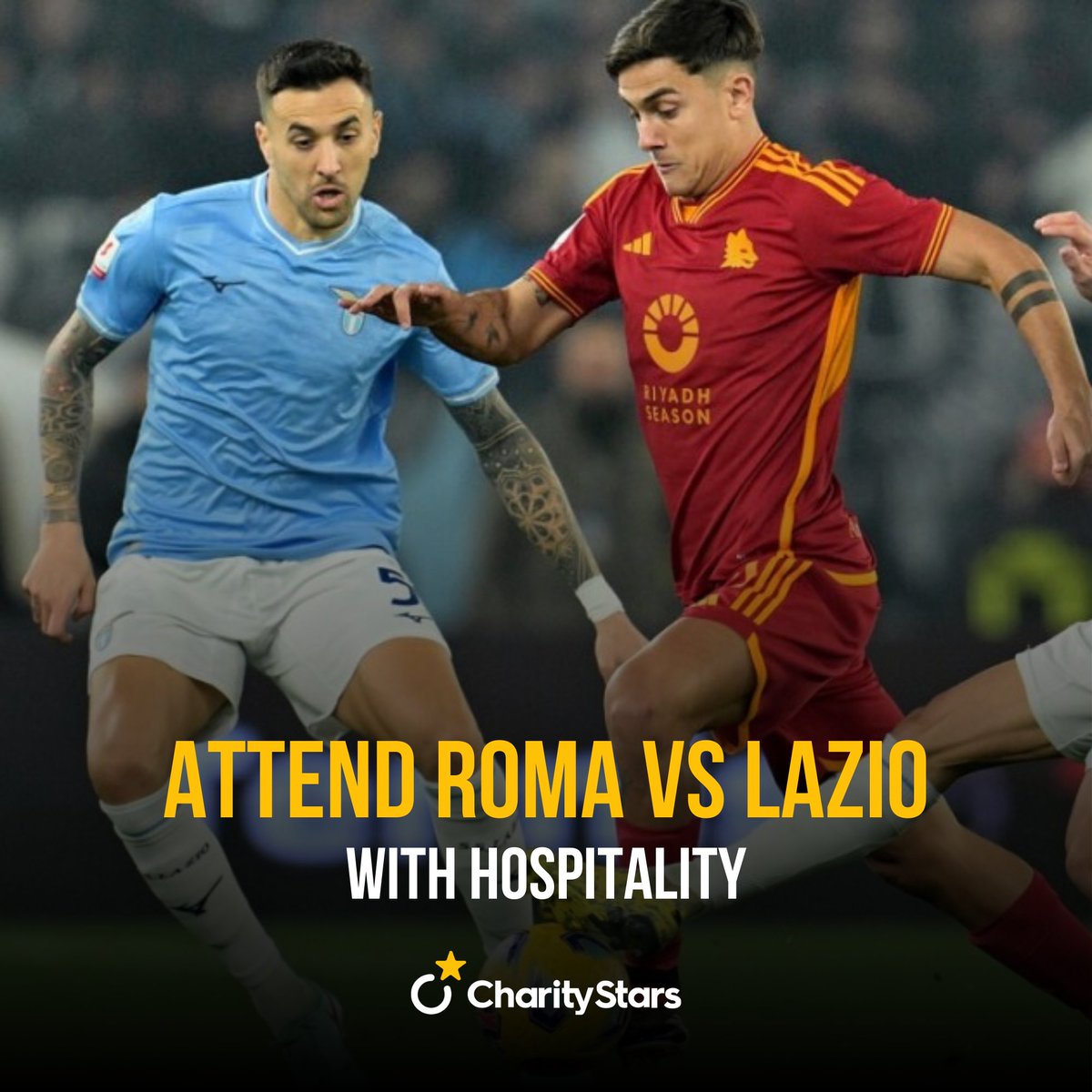 AS Roma fans, this auction is for you 🟡🔴 Attend the eagerly awaited Roma vs. Lazio match from the first red ring and enjoy the experience to the full thanks to hospitality access! Bid now 👉 charitystars.com/product/assist…! #CharityStars #RomaLazio #Derby