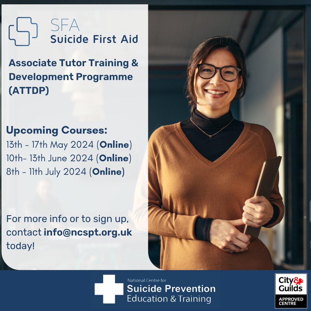 📢 Spaces Still Available: 13th - 17th May 2024 10th - 13th June 2024 8th - 11th July 2024 (All online via Zoom) To learn more about this course or apply, please contact info@ncspt.org.uk today! #SFA #suicideprevention #tutortraining #mentalhealth