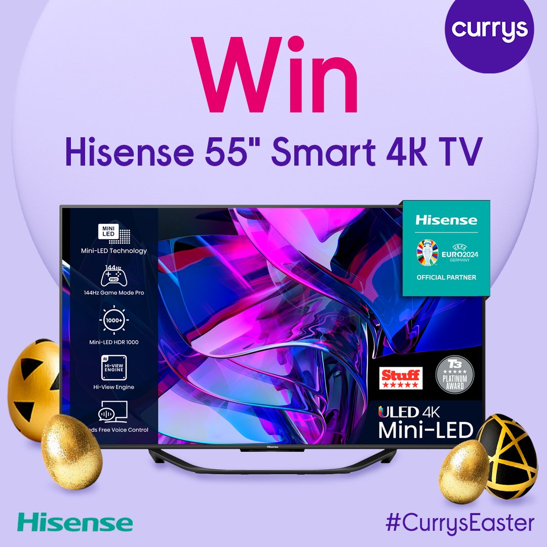 currys's tweet image. We have an egg-stra special series of giveaways leading up to Easter! 🐰 ✨ 

Today's prize is a Hisense 55" Smart 4K TV

How to win:
1) Follow @Currys

2) Like and reply to this post letting us know how you are celebrating Easter using #CurrysEaster