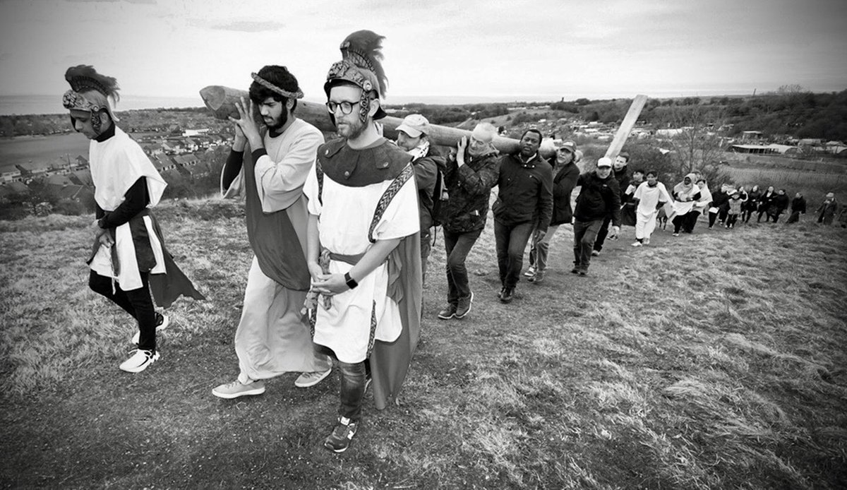 Good Friday “Walk of Witness” participants make their way to the top of Tunstall Hill, Sunderland re-enacting the journey made by Jesus when he carried the cross on which he was to be crucified to the top of the Hill of Golgotha near Jerusalem. #GoodFriday