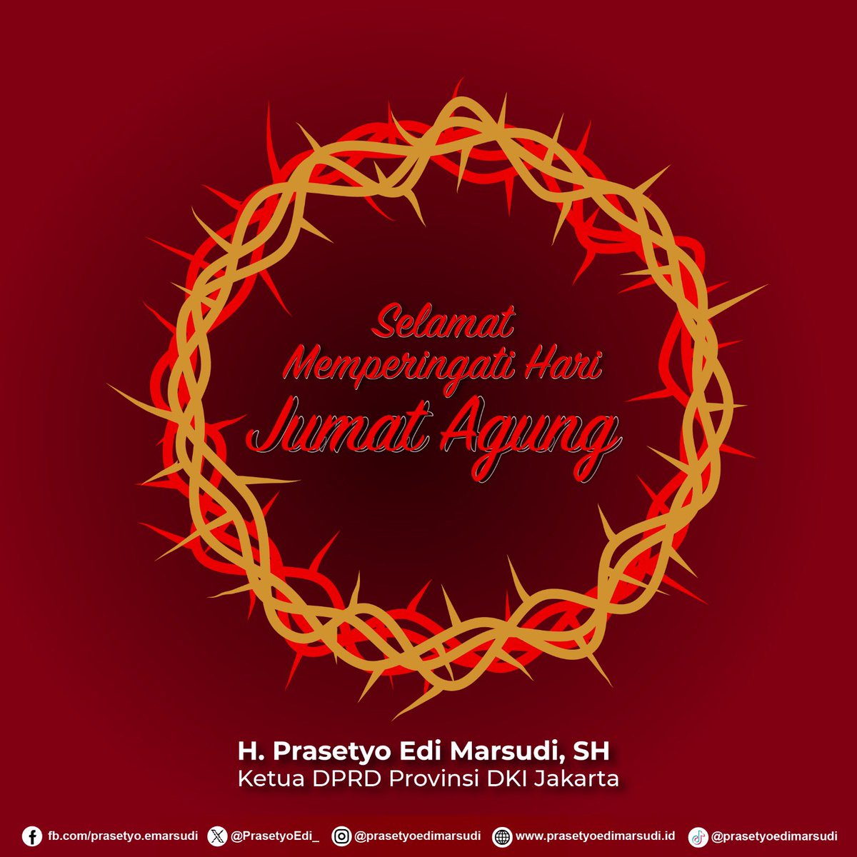 Selamat memperingati Hari Wafatnya Isa Al-masih kepada saudara-saudara seluruh umat kristiani. Mari maknai Jumat Agung ini dengan saling menebarkan rasa kasih, kebahagiaan, kedamaian, dan senantiasa menjaga kerukunan antar sesama serta tetap semangat, sabar, pantang menyerah…