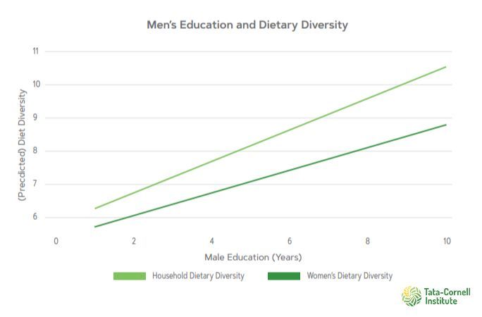 A TCI study of men's education and household nutrition outcomes found that, for every additional year of men's schooling, dietary diversity increases by 0.2 food groups. 📃 Read our policy brief to learn more ➡️ tci.cornell.edu/?publications=…