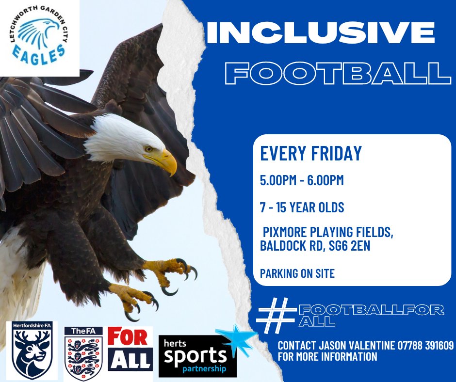 🌟⚽🦅 Join our inclusive football sessions! Every Friday, 5-6pm at Pixmore Playing Fields. Ages 7-15 welcome. Improve your skills in a fun, safe environment. Info: jason.valentine@letchworth.com. Let's play! ⚽🌈 #COYE #InclusiveFootball #PlayTogether