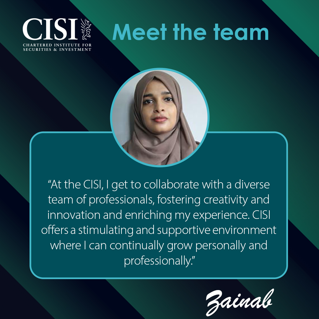 Meet Zainab Razeek, our Front-end Web Developer, who has been with the CISI for over 2 years. Zainab enjoys the innovative and supportive environment at the CISI. Explore one of our latest innovations, our learning platform: cisi.org/learning