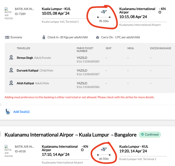 atishbits's tweet photo. @makemytripcare @makemytrip 5 blunders/errors on my booking with you for my BLR to Medan trip - wrong flight duration for KL to KNO (9h 10m vs actual 1h 10m), wrong duration for KNO to KL (negative 50mins??). Need full refund. #notrust in your booking #mmt need #fullrefund https://t.co/AbAD8PdNIt