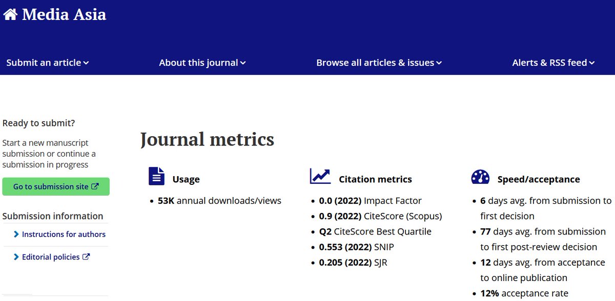Based on the latest journal metrics, Media Asia is a Q2 journal with a 12% acceptance rate and a respectable turnaround time. tandfonline.com/action/journal…