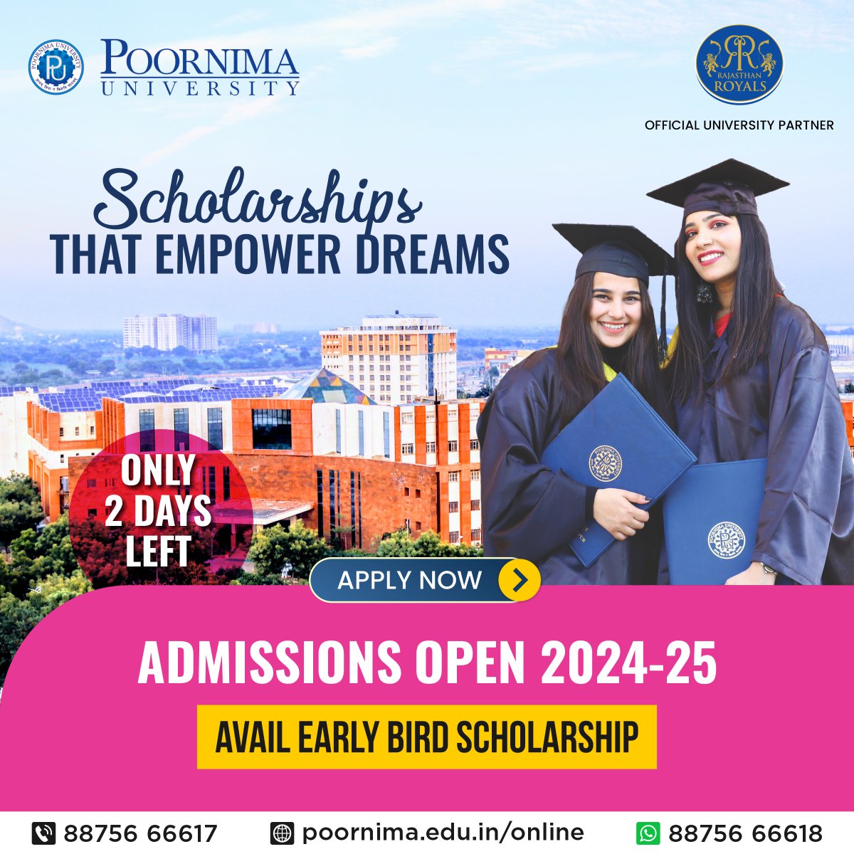 Just 2 days left to seize the Early Bird Scholarship opportunity at Poornima University! Admissions Open 2024 Apply Now: bit.ly/PU-Adm-2024