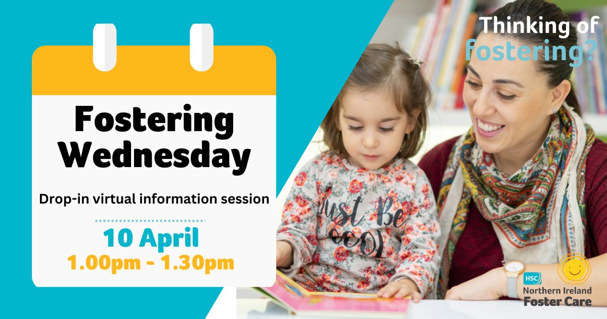 Drop in to our lunchtime virtual info session to find out about becoming a foster carer. Open to all 📅Wed 10 April 🕐1–1.30pm No need to register 💻Join via MS Teams Meeting ID: 336 234 517 062 Passcode: TzQkY3 @BelfastTrust @NHSCTrust @setrust @SouthernHSCT @WesternHSCTrust