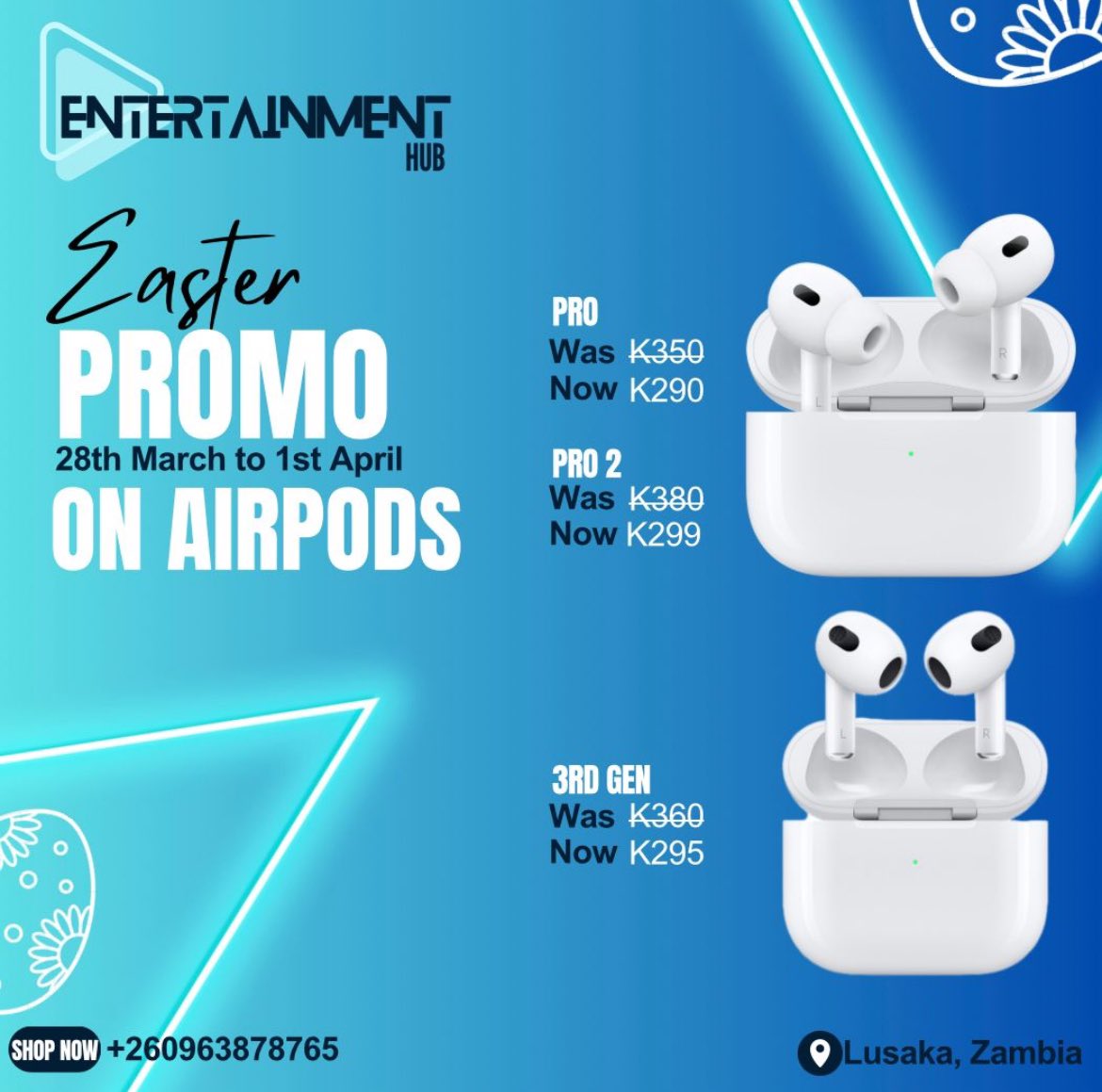 Please retweet this Promotion , we deliver anywhere in zambia (at a fee given by courier) 🚚  

AirPods Pro 2: K299 only !!

#airpodspro #Airpods #Entertainmenthub #shopping #lusaka #Zambia