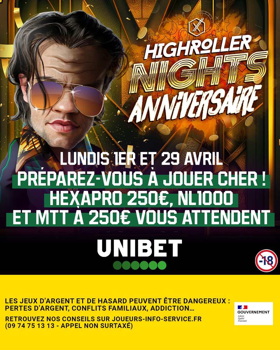 Highroller Nights 🎢!

C'est le grand soir, dès 18h vous attendent les tables NL1000 et les HexaPros 250€ (jusqu'à 250.000€ de jackpot😱😍) et 20h pour un joli 250€ 30.000€ Garantis

Bonne chance à tous 🙂

Infos: unibet.fr/poker/highroll…
