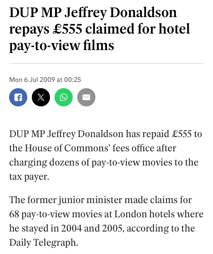 Five hundred and fifty five pounds on pay to view films on expenses claims - I’ve always believed and have been constantly on record, stating that Jeffrey Donaldson was working for his own end and not for the Unionist people of Northern Ireland - Today my belief hasn’t…