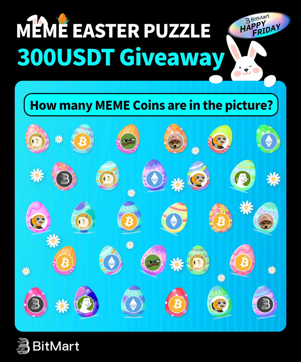 🎁300 USDT Giveaway🎁
🚀Meme Easter Puzzle is coming!
🤔How many MEME Coins are in the picture?

1️⃣Follow us, RT &amp; @ 3 friends
2️⃣Join t.me/BitMartExchang…
3️⃣Fill gleam.io/auVAG/happy-fr…

#BitMart #BitSmarter #Easter #EasterEggs #GiveawayAlert #Airdrops #Giveaway