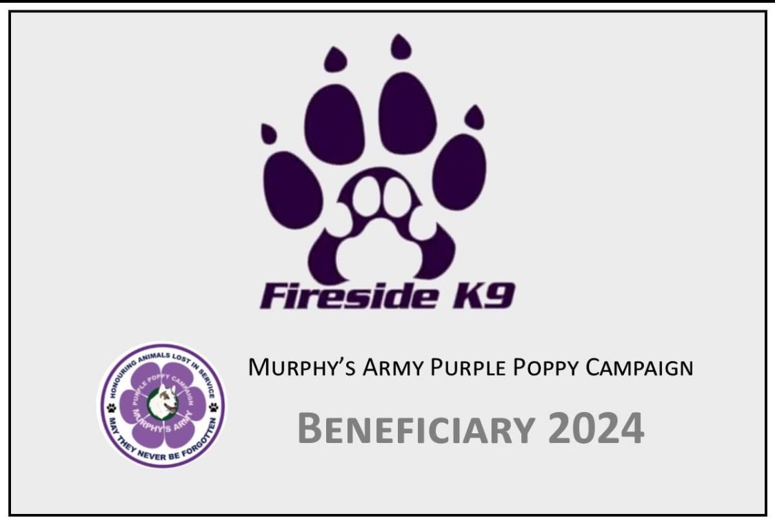 We are pleased to announce that this year’s Murphy’s Army Purple Poppy campaign beneficiaries are @RailDogsFund and @FiresideK9 we hope you agree with us that these are two very deserving causes who both help RPD’s. Please support us again this year. Thank you.