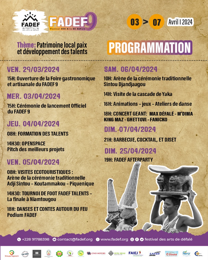 zeusreas's tweet image. Voici dévoilée la PROGRAMMATION du FADEF9 
____________________________________
📆: 03 au 07 Avril 2024 à Défalé

 Info Line:
☎️: +228 91788398
Inscription 👇: 
fadef.org/preinscription

#festival #defale #Paix #Patrimoine #Social #Talent #Afrique #togo