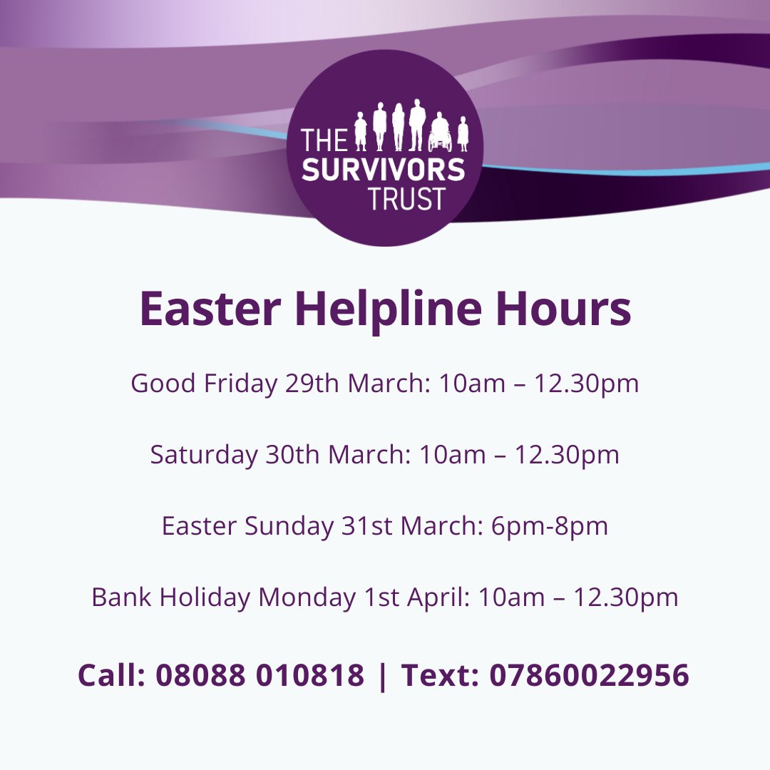 Please note there are changes to our helpline opening hours over Easter🕙 For support outside our opening hours, the following helplines are open 24 hours. 24/7 Rape & Sexual Abuse Support Line (call 0808 500 2222) ➡ 247sexualabusesupport.org.uk @samaritans (call 116 123)