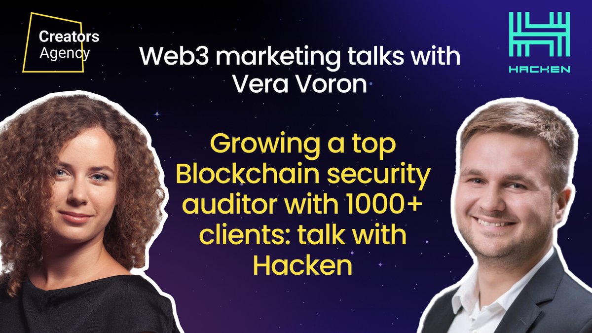 Today at 2 PM GMT, our founder, @VeraVoron1 will dive into the world of #blockchain security with @buda_kyiv, the co-founder and CEO of @hackenclub 🚀 We’ll discover how the cybersecurity company has garnered 1,000+ clients, including top names like @binance, @NEARProtocol, and…
