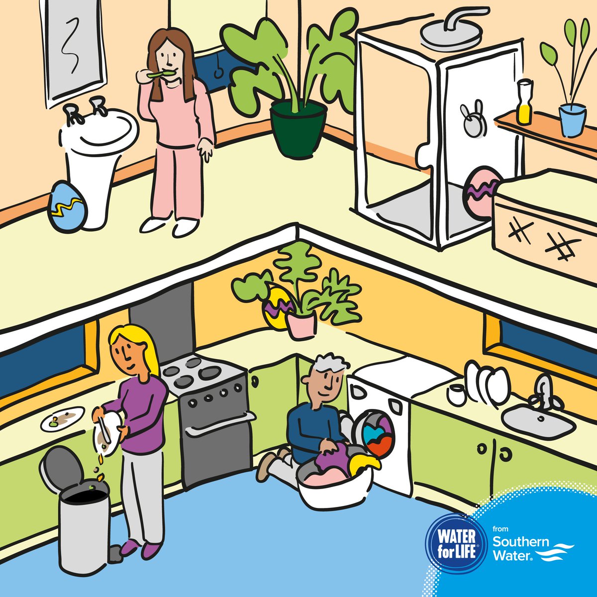 Happy Easter weekend 🐰 However you spend your weekend, remember saving a little water makes a big difference! Can you spot all the good water practices? There's some hidden Easter eggs in there too! 🥚 Want to learn more about saving water? Visit ow.ly/u11S50R4h9Z