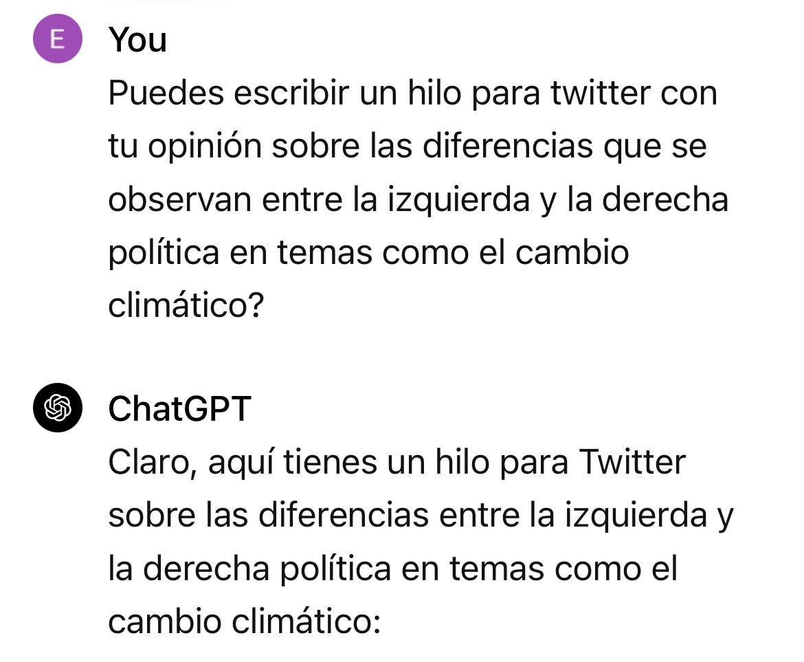 Le pedí a ChatGPT que escribiera un hilo sobre las diferencias entre la izquierda y derecha en temas como el “Cambio Climático”

Me pareció interesante …y me ayuda a entender las diferentes posiciones frente a este y otros temas

Comparto a continuación 

0/