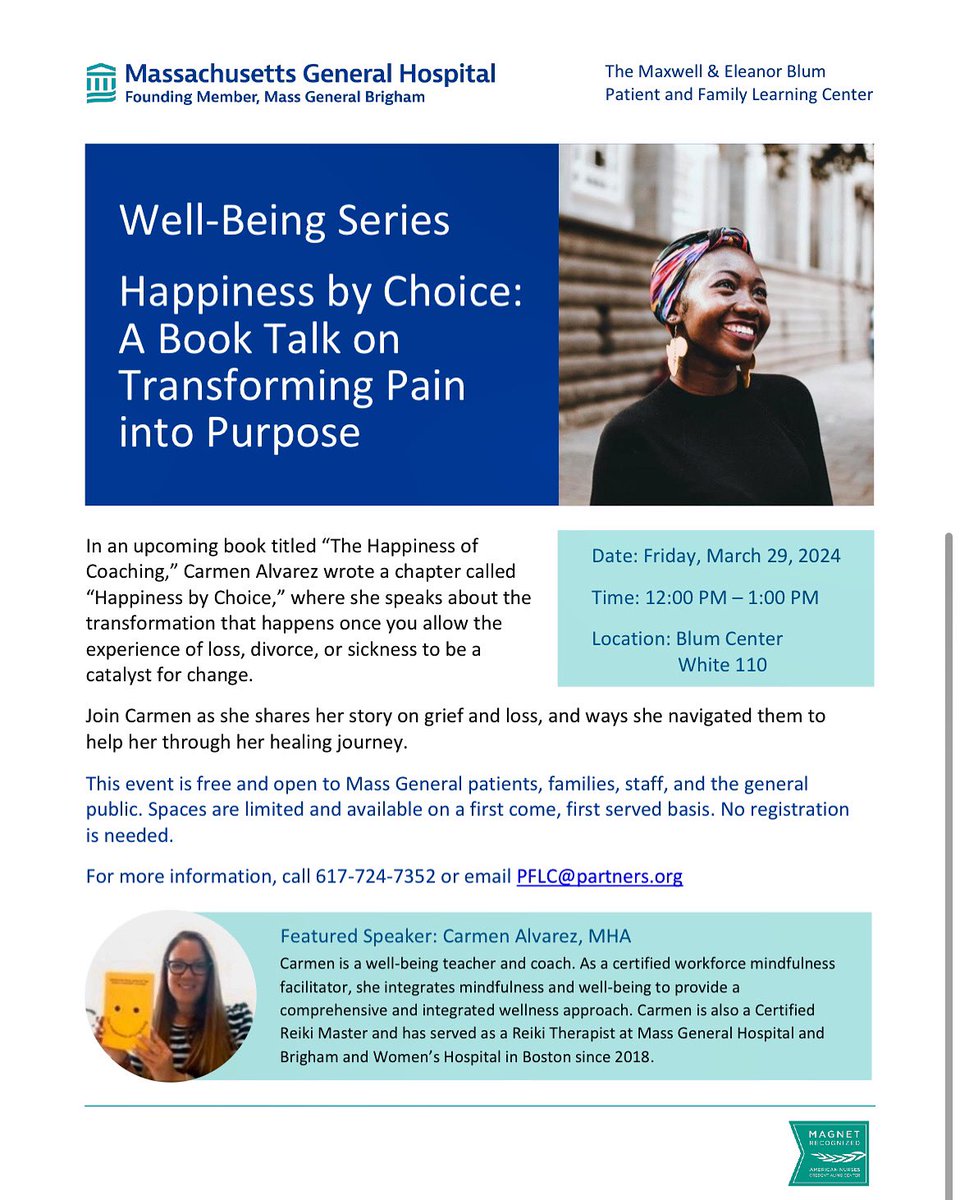 So excited to present at Massachusetts General Hospital Blum Patient and Family Learning Center today!. We will discuss #wellbeing #Grief #mindfulness and finding our life’s #purpose through service to others. Mass General Brigham #Womenshistorymonth#wellbeing