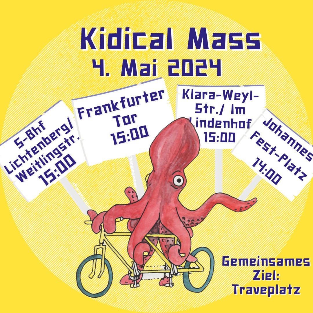 Am 4. Mai heißt es wieder #KidicalMass. In #Lichtenberg starten dieses Mal drei Routen. An der Frankfurter Allee/Gürtelstr. treffen wir uns mit #Friedrichshain. Von dort geht's gemeinsam zum Traveplatz. Wir freuen uns schon riesig drauf. Ihr auch?