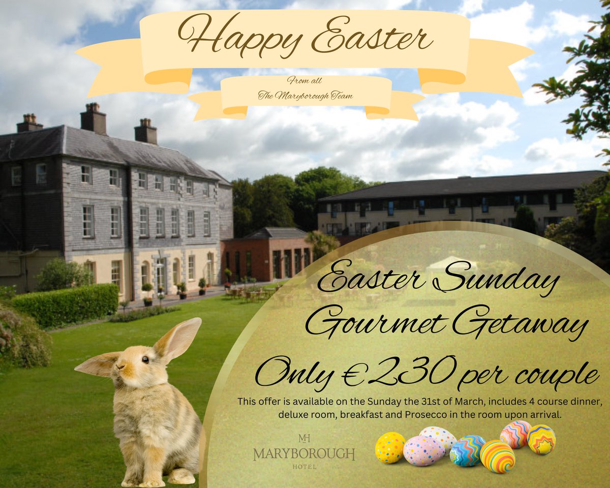 🌷 Get ready for an eggstraordinary Easter Sunday at The Maryborough Hotel! 🥂 Enjoy a Gourmet Getaway for just €230 per couple on March 31st. Indulge in a 4-course dinner at Bellini's, a Deluxe Room, Prosecco, Breakfast, and more! Book now for an unforgettable Easter escape! 🐣