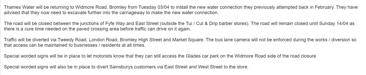 Widmore Road will also be closed for @thameswater works between the junctions of Fyfe Way and East Street from Tuesday 3rd April until Sunday 14th April:
