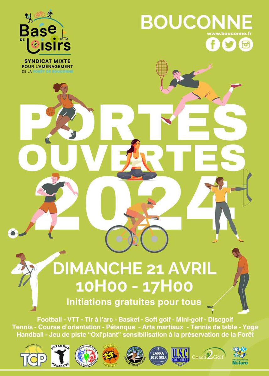 BaseBouconne's tweet photo. [#Bouconne Événement : Portes Ouvertes]
-SAVE THE DATE-
Le dim 21 avril de 10h à 17h, la @BaseBouconne est à vous !
Rejoignez-nous pour une journée #Sports !
Animations gratuites pour tous !
Vos #Loisirs c'est notre #Nature !
ℹ️05 61 85 40 10
👉https://t.co/ZuYDh5zQYP https://t.co/HIvpir5f2C