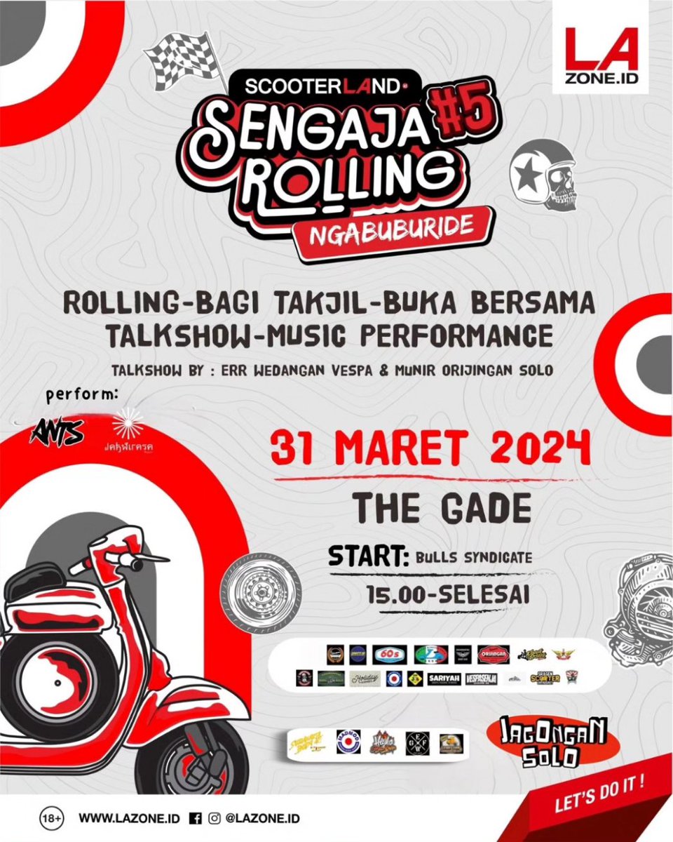 📣SCOOTERLAND SENGAJA ROLLING 5 #NGABUBURIDE !!! 📣

Calling All Scooterist Solo !!!
Siapkan scooter kalian semua untuk ScooterLAnd Sengaja Rolling 5 #ngabuburide

MINGGU , 31 Maret 2024

Jam :15.00 WIB
Tikum : @bullssyndicate 
Lokasi acara : <a href="/thegade/">Kristian Gadegaard</a>.coffeesolo