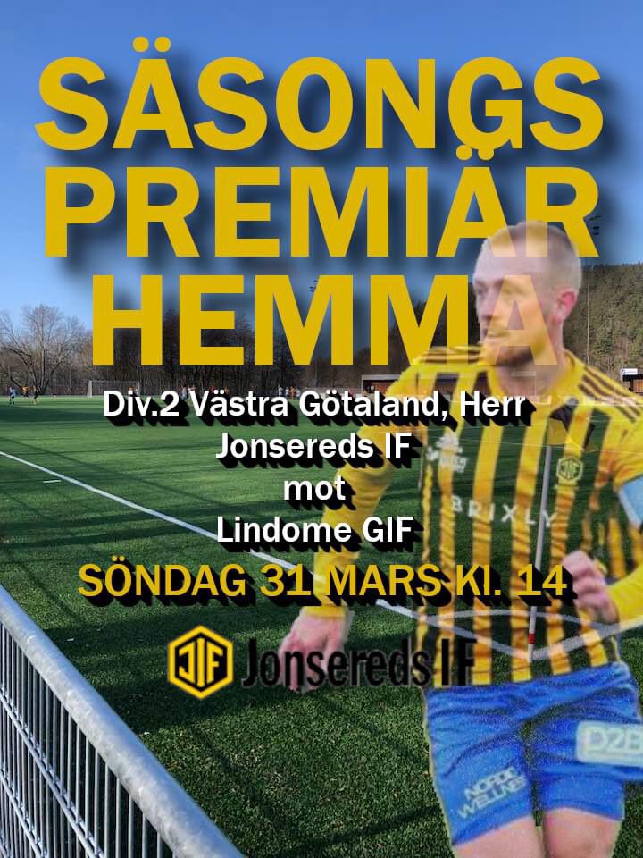 Säsong 2024 börjar på söndag med
första div.2 matchen hemmavid på Jonsereds IP. Avspark kl.14 och påsken är därmed komplett och inga Påskkärringar så långt ögat kan nå... 💛🖤
