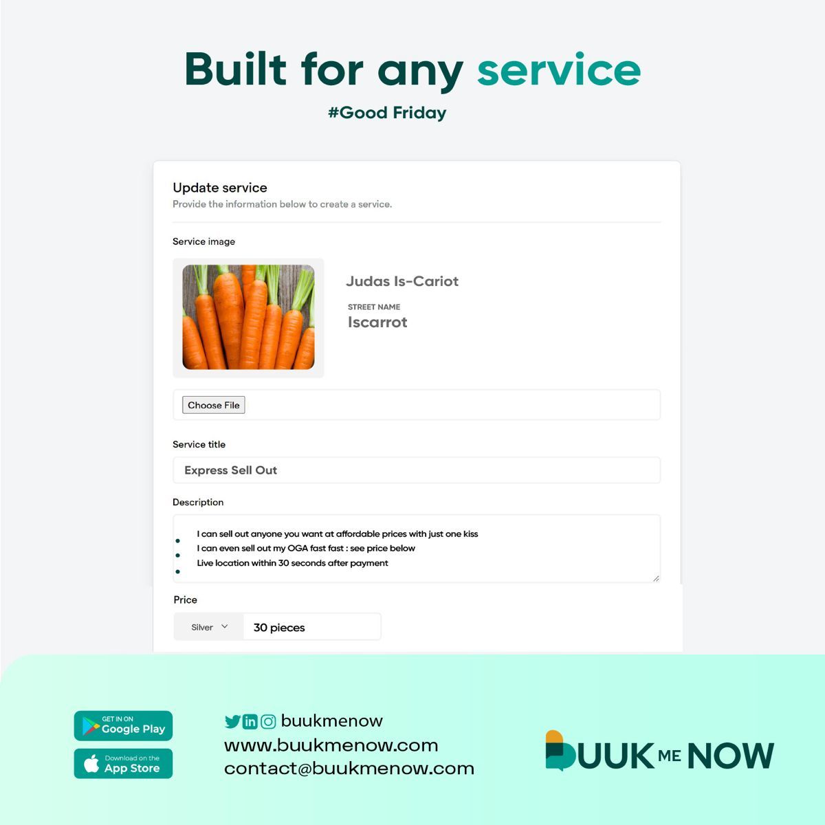 buukmeNow's tweet image. BuukMeNow: making scheduling easier than Judas&apos; decision-making process. 😄 Wishing you a Good Friday filled with efficiency and humor! #BuukMeNow #EfficientScheduling #GoodFriday
