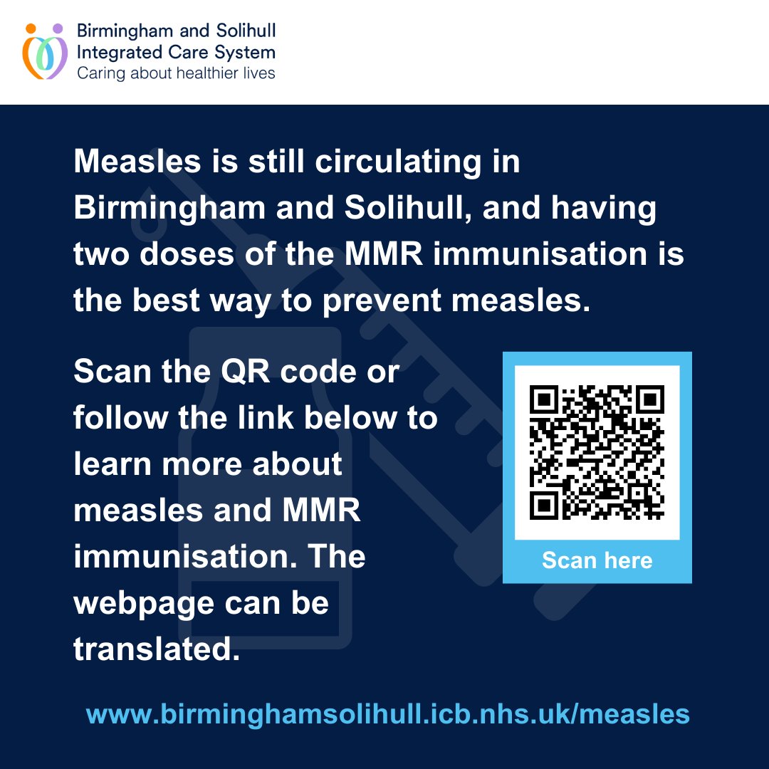 Measles is still circulating in Birmingham and Solihull. 👪 Two doses of the MMR immunisation can help to stop you and your child becoming seriously unwell with measles. ➡️ Find the latest information and advice: bit.ly/46QPPn1