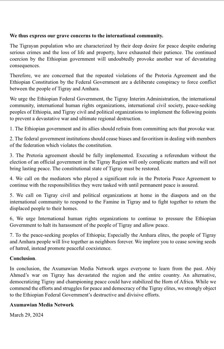 The Ethiopian Federal Government continues to violate the Pretoria Agreement and repeatedly provokes Tigray. We urge the Federal Government to reconsider and engage in a peaceful resolution instead.