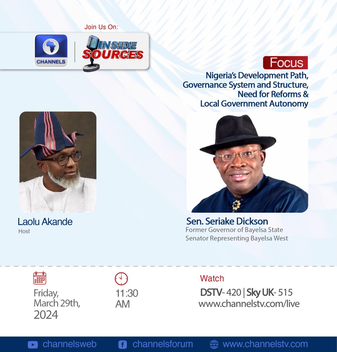 #InsideSources edition today hosts eminent politician & lawyer, former Bayelsa Gov. Dickson. He warns that Nigerian political elite 're attempting suicide, describes presidency & many Govs as emperors and observes that oil theft challenges are deliberate. So refreshingly frank!