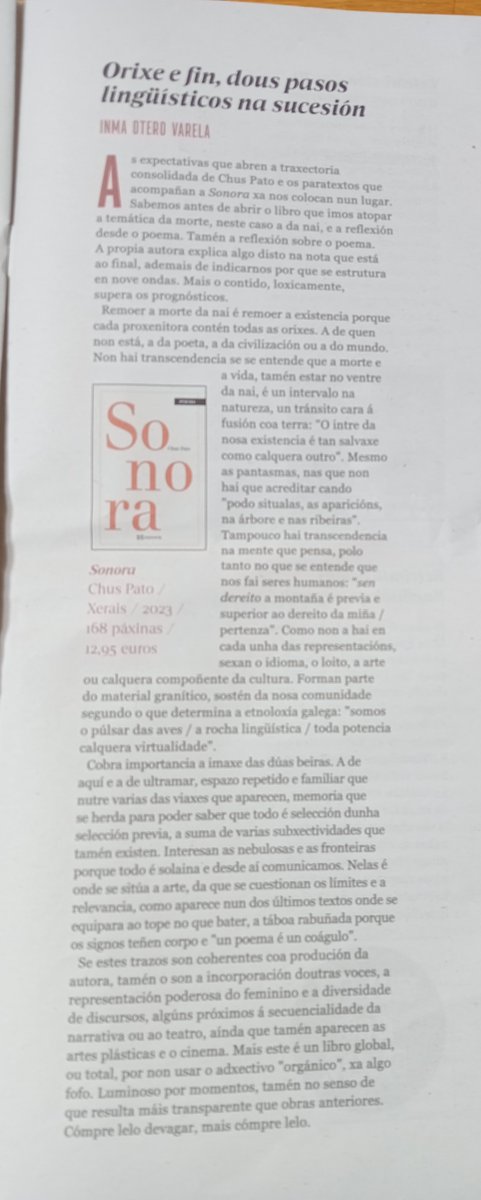 Recensión de "Sonora", de Chus Pato, publicada o sábado pasado no Sermos 
<a href="/chuspatodiaz/">Chus Pato</a> <a href="/Xerais/">Xerais</a> <a href="/NosDiario/">Nós Diario</a> #poesiagalega