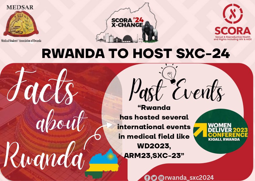 Rwanda 🇷🇼shines as the perfect host for SCORA X CHANGE 2024! With its stunning tourist sites, track record of hosting IFMSA events, top-notch security, and successfully hosting the past five exchanges, it's a winning choice for delegates worldwide. #SCORAXCHANGE2024 #MEDSARWANDA