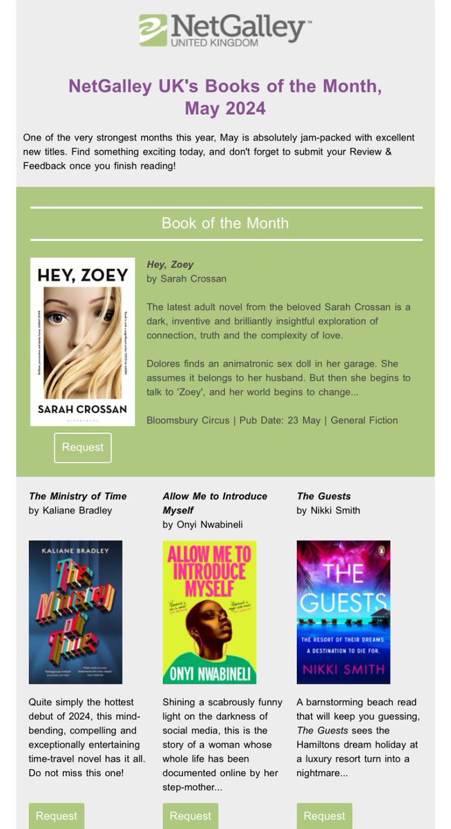 Lovely to see #TheGuests as one of the Books of the Month for May in Netgalley … there’s still time to request it before publication…😎🏝️ netgalley.co.uk/catalog/book/3…