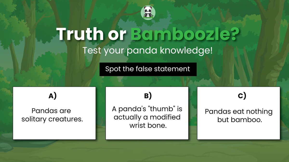 One of these statements about pandas is a LIE! Can you spot it? 

Comment your answer below, and let's see who's the ultimate panda expert!

#BaolandQuiz #PandaFacts #CryptoWithAHeart