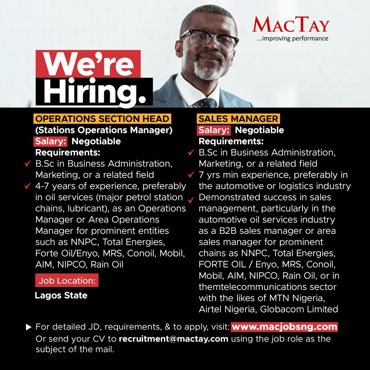 MacTayconsult's tweet photo. We are currently recruiting for the following client positions:
πΈSales Manager
πΈ Operations Section Head
πΈSenior Sales Account Manager
πΈTechnical Support
To apply, please visit https://t.co/oKxsoKflKk
#MacJobs #recruitment #hiring #jobs https://t.co/ym7fMq1nOl