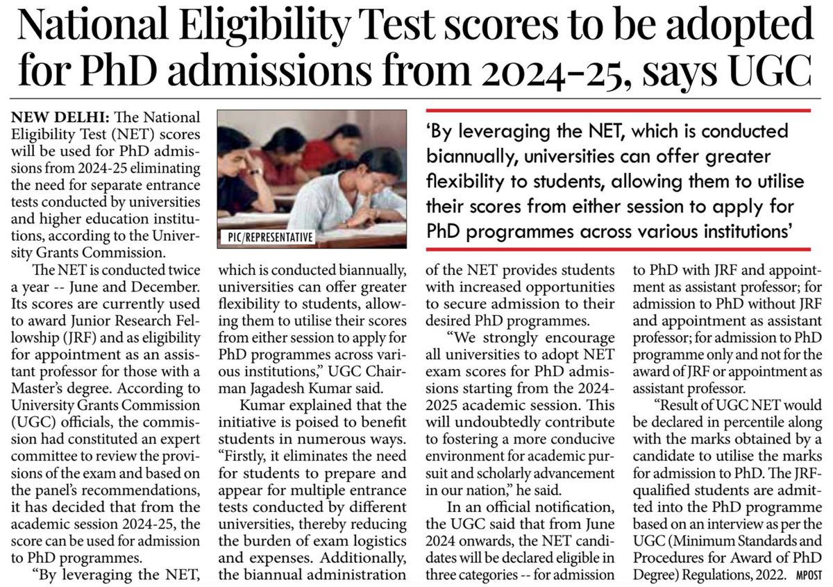 ugc_india's tweet image. By leveraging the NET, which is conducted biannually, universities can offer greater flexibility to students, allowing them to utilise their scores from either session to apply for PhD programmes across various institutions: Prof. @mamidala90, Chairman UGC

Courtesy:…