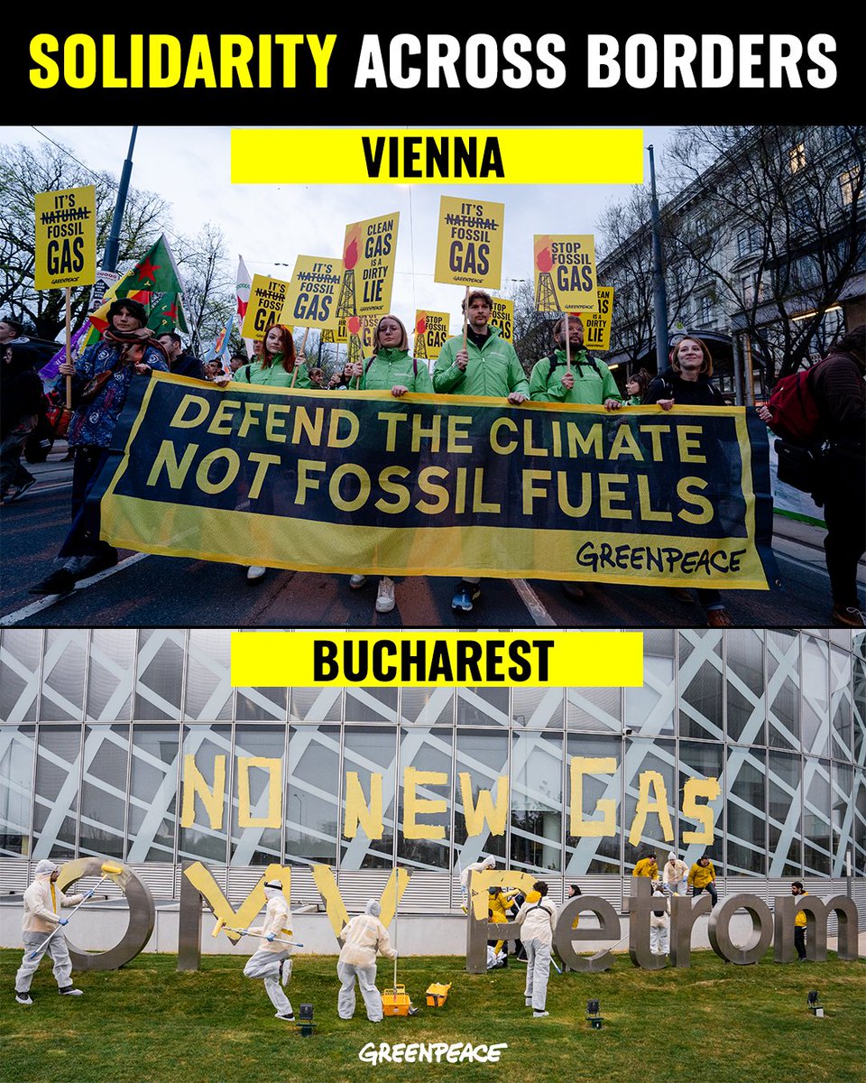 PEOPLE POWER: Austria and Romania battle at the same time to #StopFossilGas expansion ✊ While hundreds take the streets in Vienna to demand that gas bosses stop plotting dirty deals to expand the use of fossil gas, Greenpeace activists in Romania demand that gas company OMV