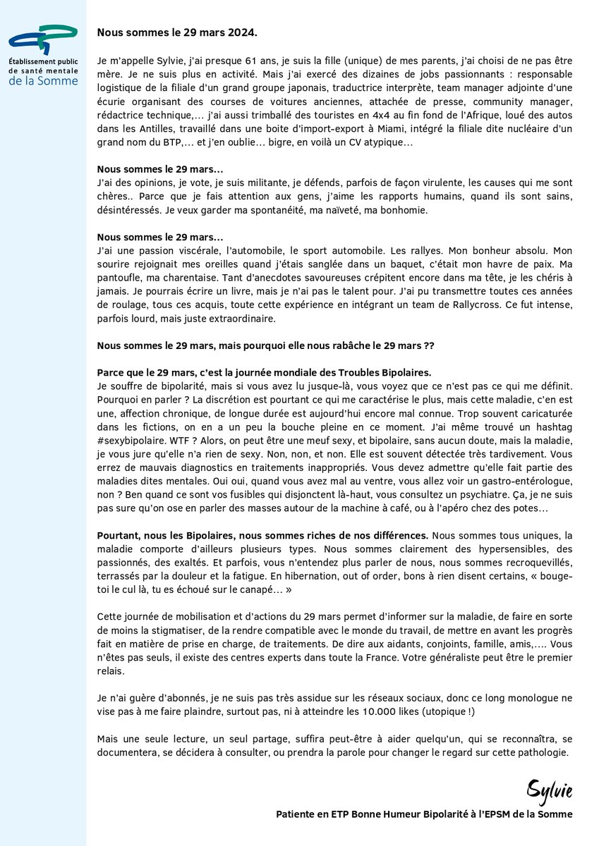 EPSMSomme's tweet image. [JM DES TROUBLES BIPOLAIRES #sensibilisation]
📅 Le 29 mars 2024, c’est la Journée mondiale des Troubles Bipolaires.
✉️ Dans une lettre, Sylvie, patiente bipolaire de l’EPSM de la Somme, revient sur son identité et sa maladie.
#temoignage #bipolarite #troublesbipolaires