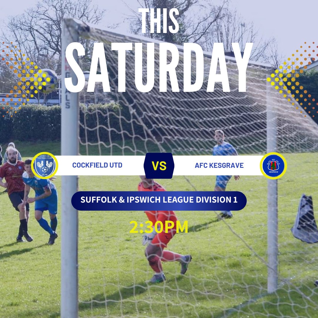 ⚽💙🐓
This weekend the First Team host AFC Kesgrave. Kesgrave sit in 4th while the First Team are in 6th. 2:30pm kick off and bar open.