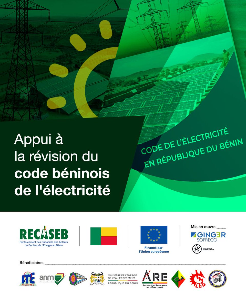 UEauBenin's tweet photo. Le programme #RECASEB au #Bénin c'est:
👉+ de 40 documents clés, tels que la #PONADER et la #PONAME,
👉+ de 20 études stratégiques élaborées pour appuyer les réformes prioritaires du secteur de l’#énergie et
👉des textes législatifs, tel que le Code de l’électricité.
#PacteVert https://t.co/gQza2RnTAQ